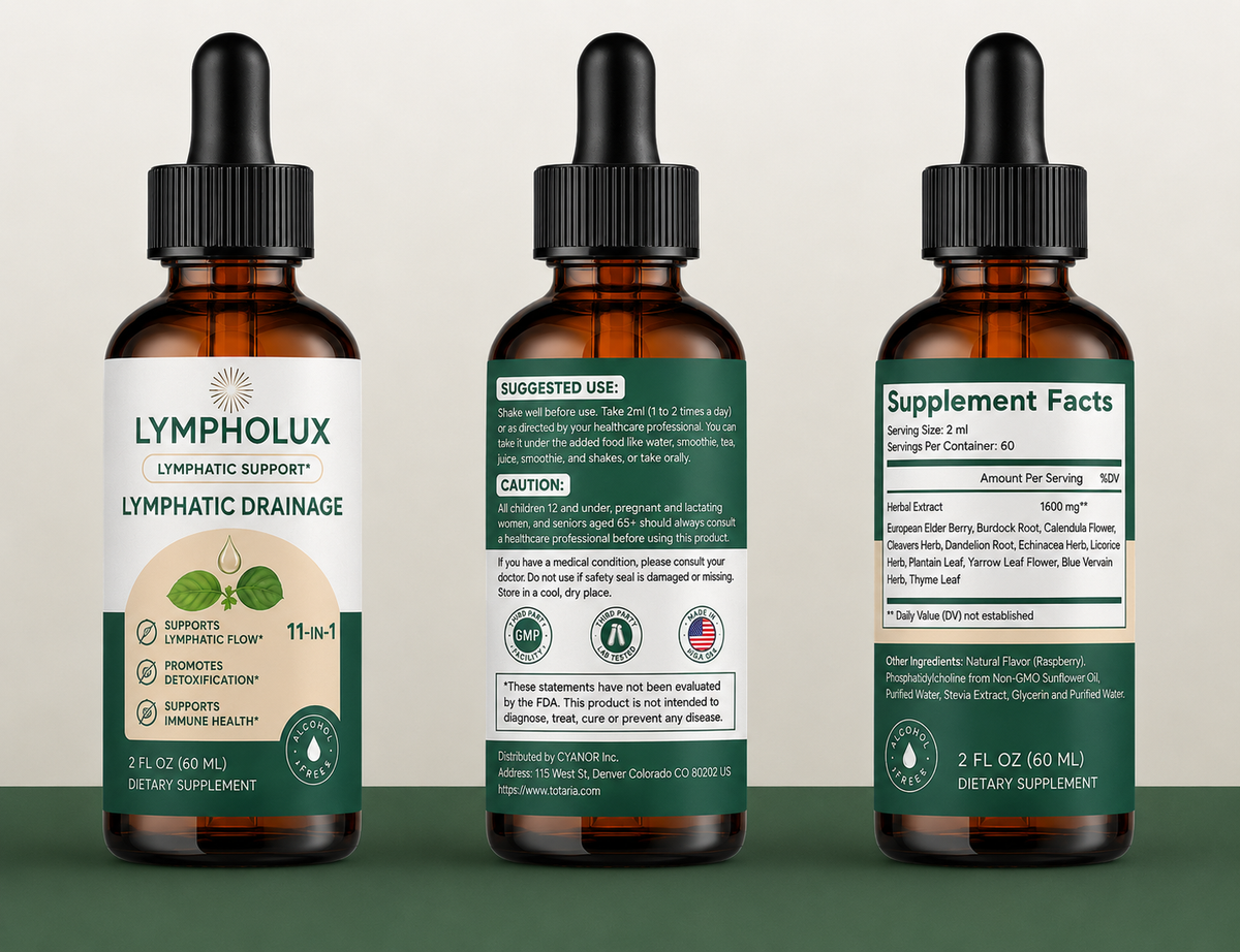 Three bottles of Lympholux dietary supplement with labels on a green background