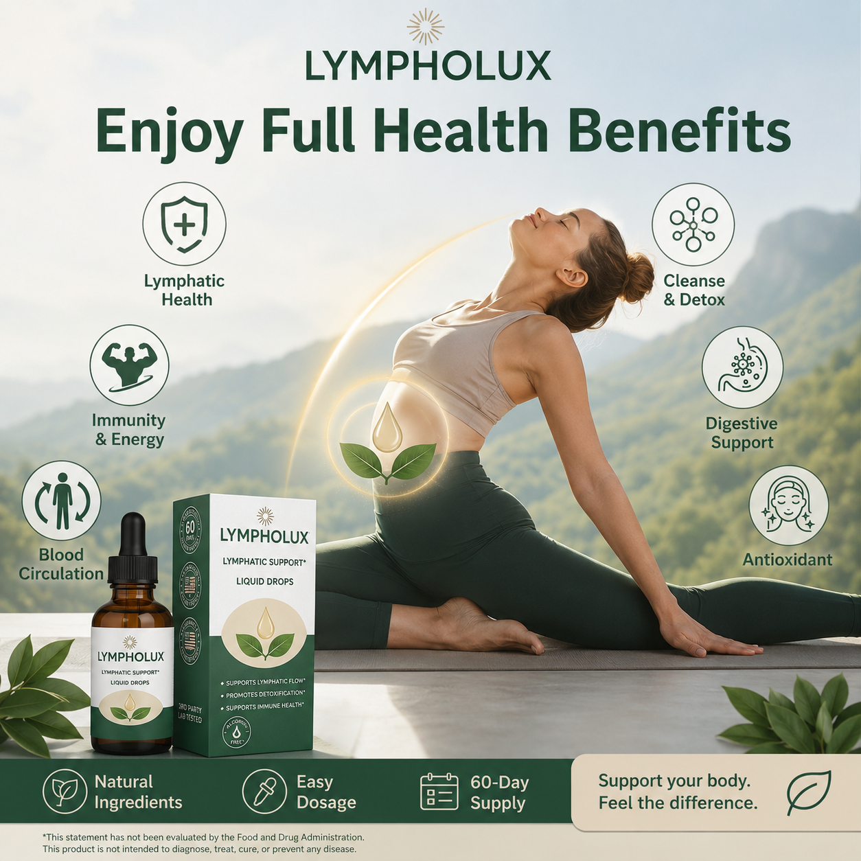 Lympholux product packaging with a woman doing yoga and health benefits text on a scenic background