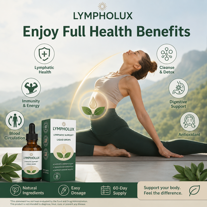 Lympholux product packaging with a woman doing yoga and health benefits text on a scenic background