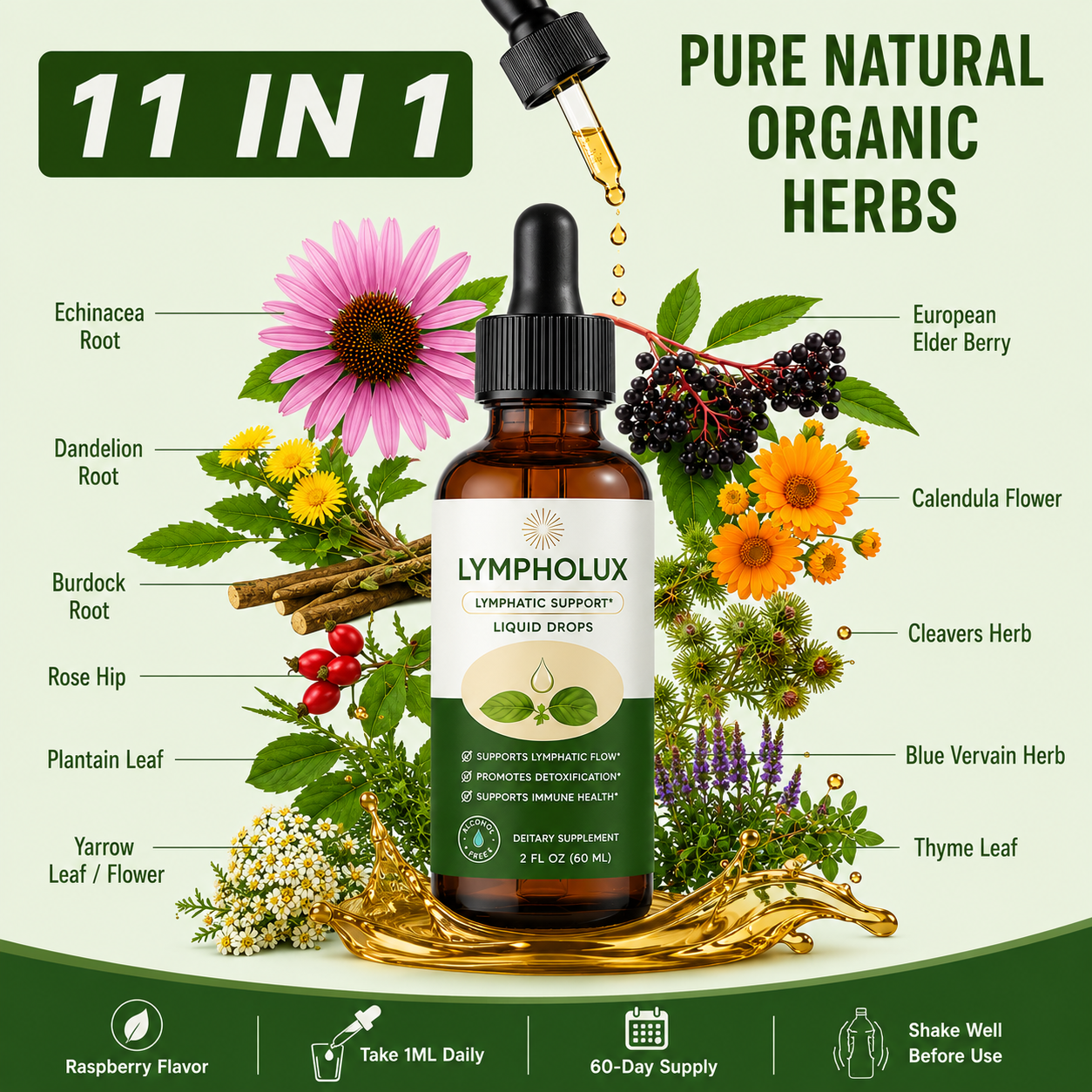 Lympholux liquid drops with natural herbs and flowers on a green background