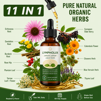 Lympholux liquid drops with natural herbs and flowers on a green background