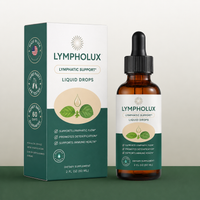 Lympholux lymphatic support liquid drops bottle and packaging on a green background