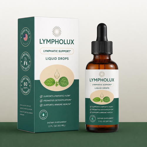 Lympholux lymphatic support liquid drops bottle and packaging on a green background